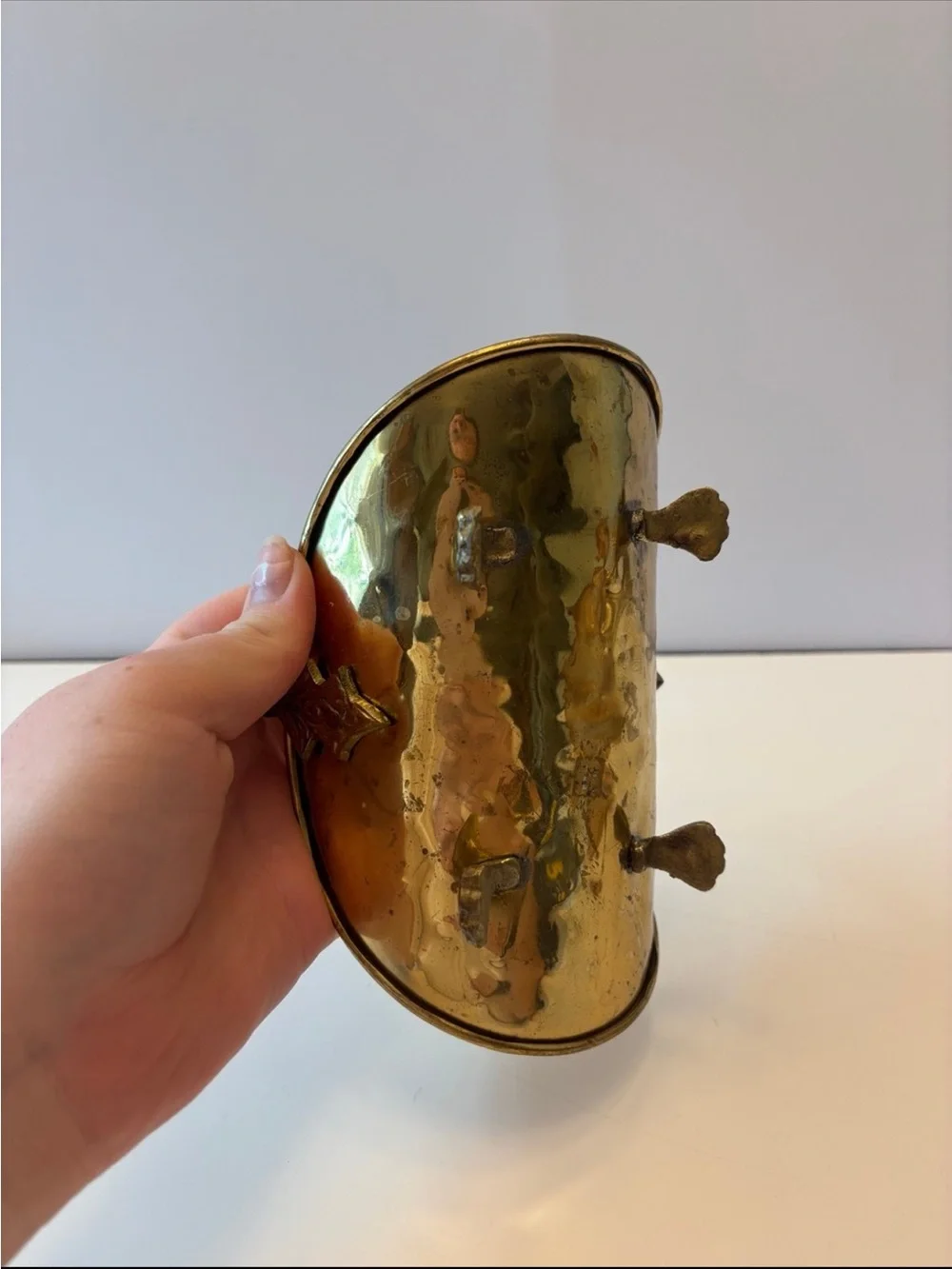 Vintage footed hammered brass mini basket/ mini log holder